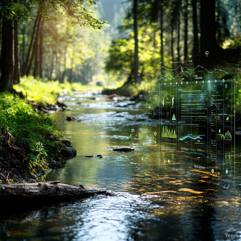 A serene forest scene with a stream and lush greenery.