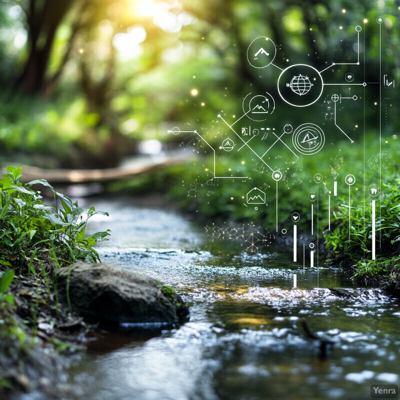 A tranquil forest stream with lush greenery and vibrant foliage.