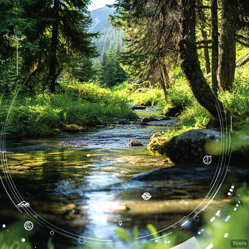 A forest scene with a stream running through it, surrounded by greenery and mountains in the distance.