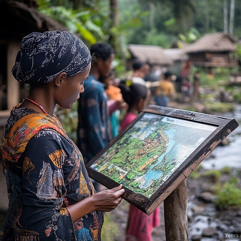 A woman in traditional Ethiopian Highlands attire stands in front of a painting of a mountainous landscape.