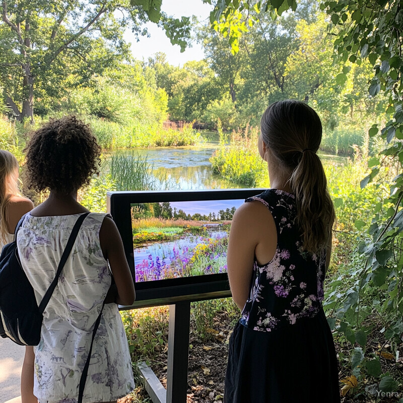 Three women stand in front of an information display, gazing at a screen displaying a serene landscape.