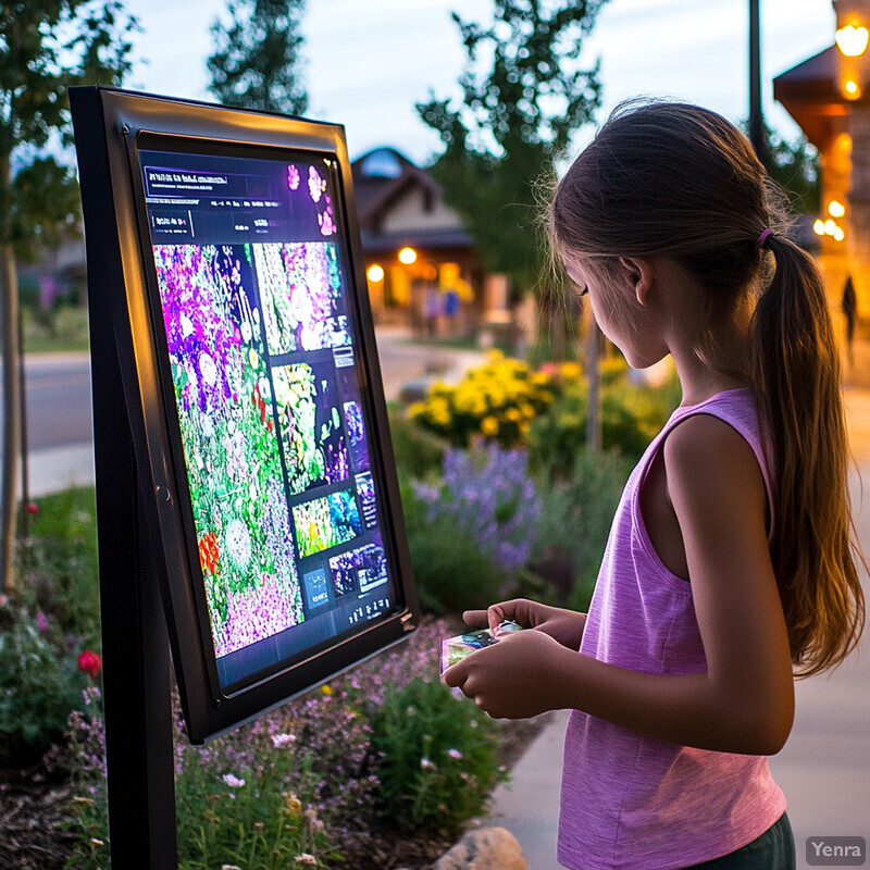 A young girl stands in front of an informational display, possibly located outdoors in a public area.