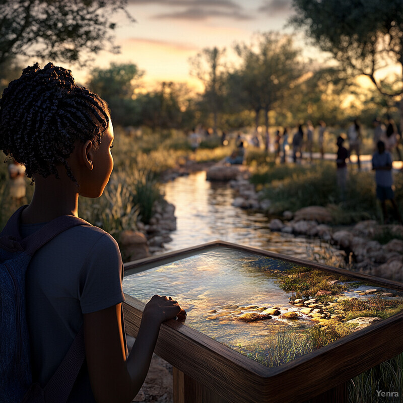 A young girl stands in front of an interactive display showing a serene stream running through a forest.