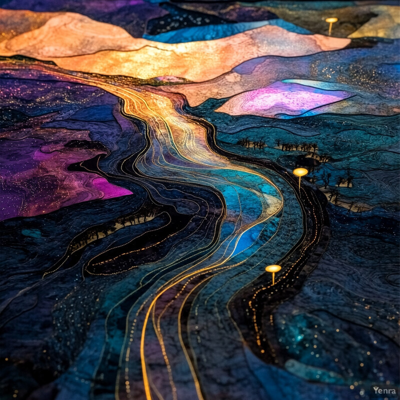 An abstract representation of a winding road or river with a vibrant color scheme and intricate details.