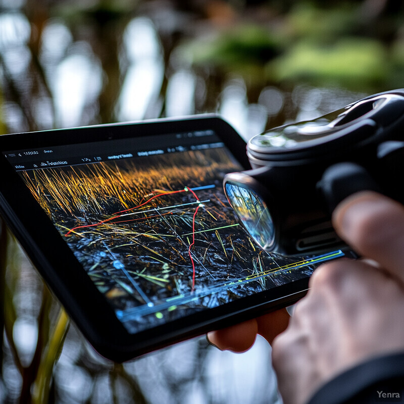 A person is holding a tablet displaying a graph or chart related to invasive species detection and management in an outdoor setting.