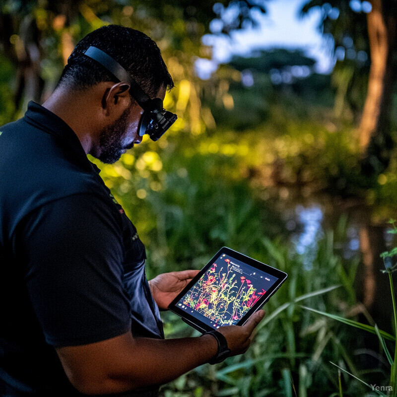 A man stands in front of a body of water, possibly a river or lake, surrounded by trees and vegetation, holding a tablet that appears to display an app or game related to fishing or navigation.