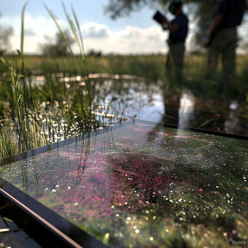 A tablet screen displays an application for invasive species detection and management in an outdoor setting.