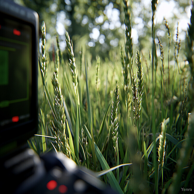 An electronic device with multiple red lights is being used in an outdoor setting to detect and manage invasive plant species.