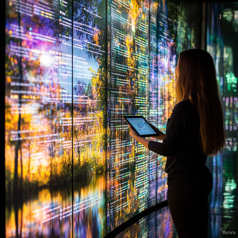 A woman stands in front of a large screen displaying a colorful background with words and phrases, holding a tablet.