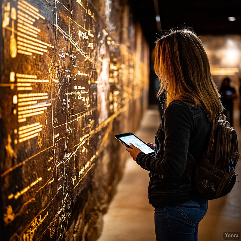 A woman examines an illuminated wall display at a museum or gallery.