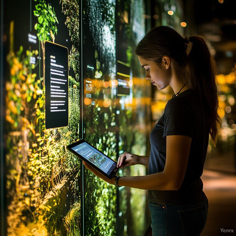 A young woman stands in front of a wall covered with green plants and trees, holding a tablet in her hand.