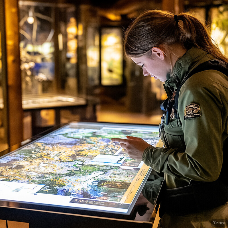 A woman examines an interactive display in a museum setting.