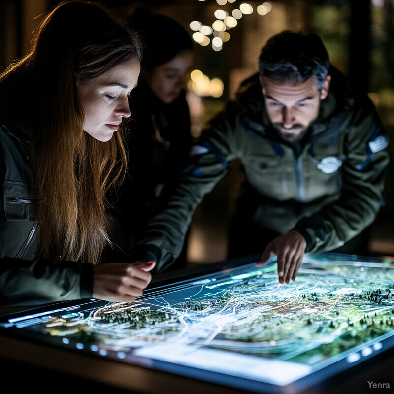 Three people gathered around a large screen displaying a map or chart, possibly collaborating on a project related to geography or data visualization.