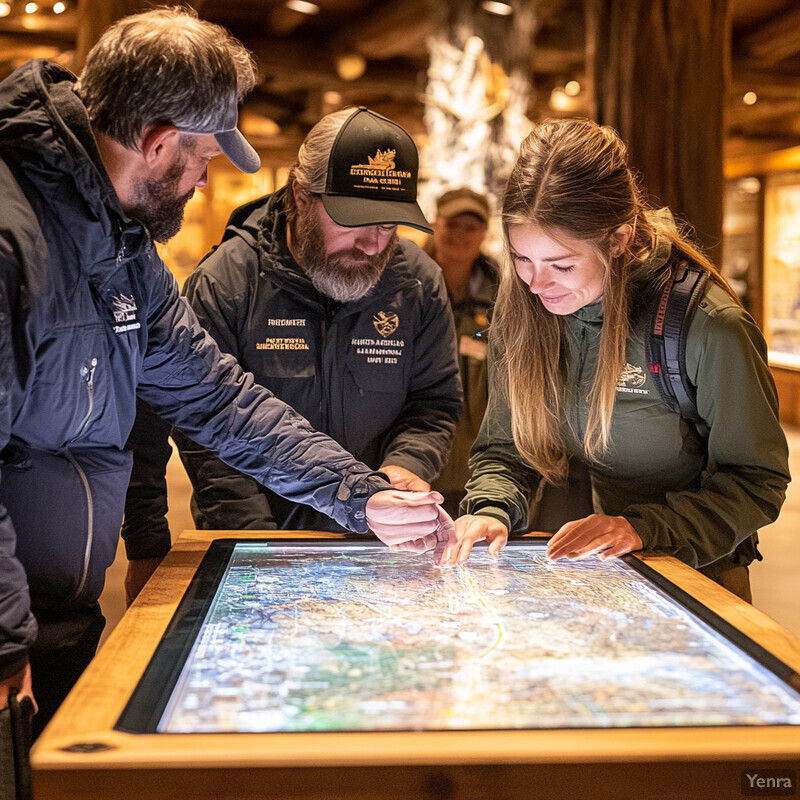 Three individuals examine a map or chart on an interactive table, possibly discussing or planning something related to the information presented.