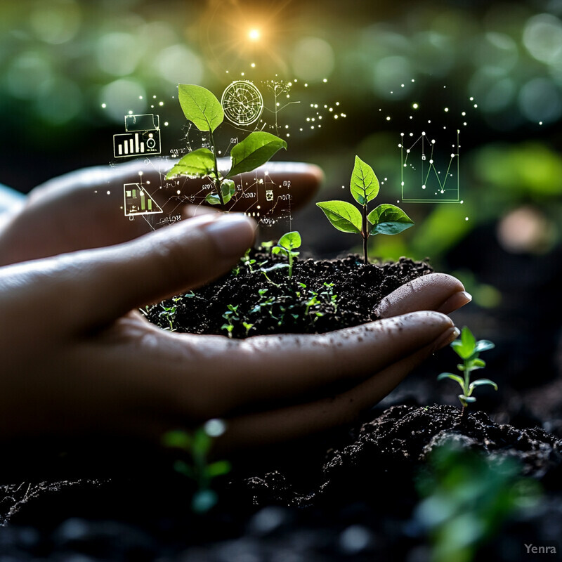 Two hands cradle a small plant with exposed roots, surrounded by soil and moss in a garden or greenhouse setting.