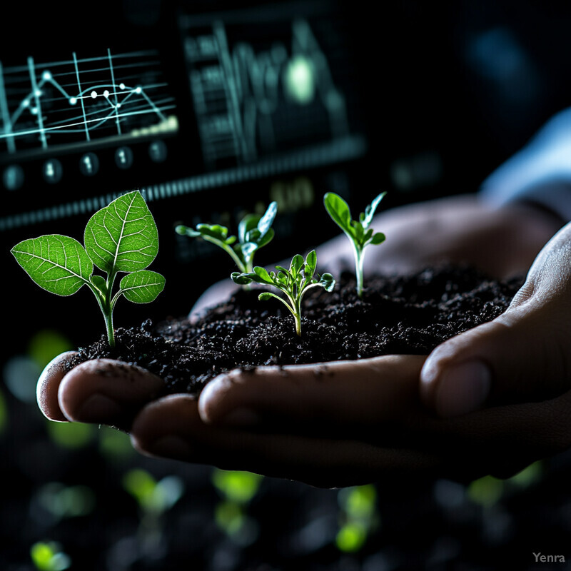 A person is holding soil and small green plants in their cupped hands, with a blurred office setting in the background.