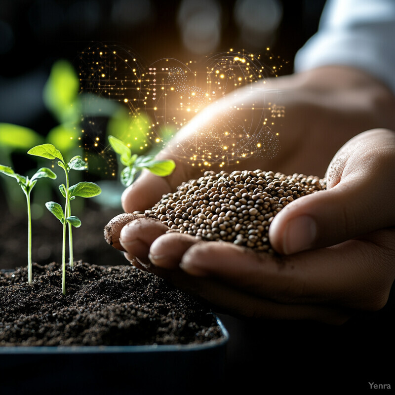 A person is holding a handful of seeds and nurturing two small plants.