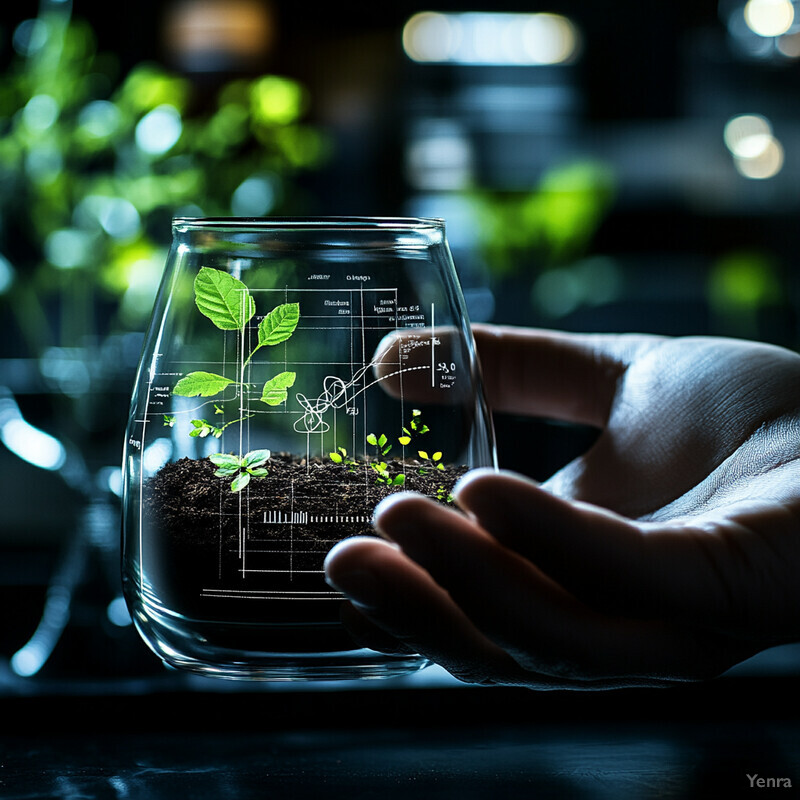 A person holding a glass cup with soil and small plants, overlaid with graphs related to plant growth.