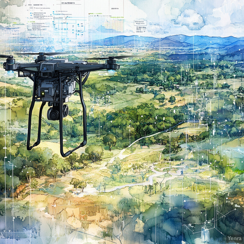 A drone flies above a landscape with trees and mountains in the background.