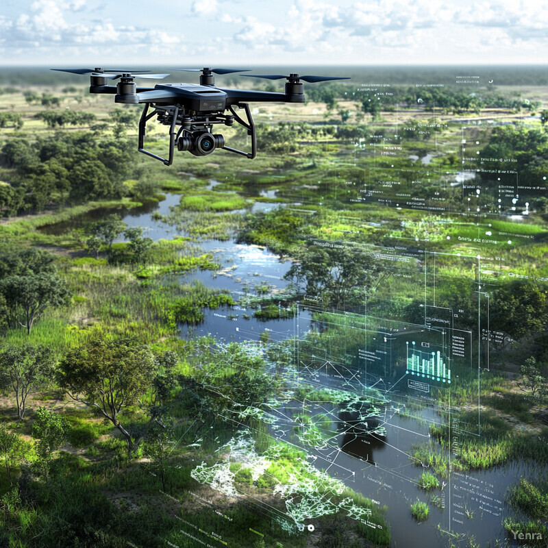 A drone flies over a green landscape with trees and flooded areas in the background.