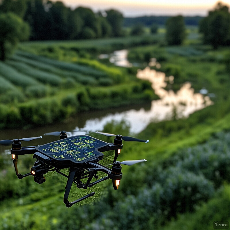 A drone equipped with precision habitat mapping technology flies over a lush landscape, showcasing its capabilities in diverse environments.