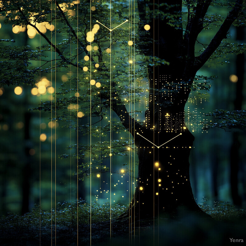 A large tree in a forest is lit up by fireflies or other bioluminescent insects.