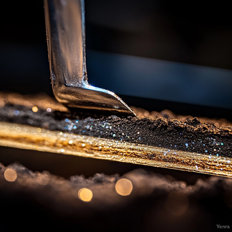 A close-up photograph of a metal object with a rough surface on top of dark-colored soil.