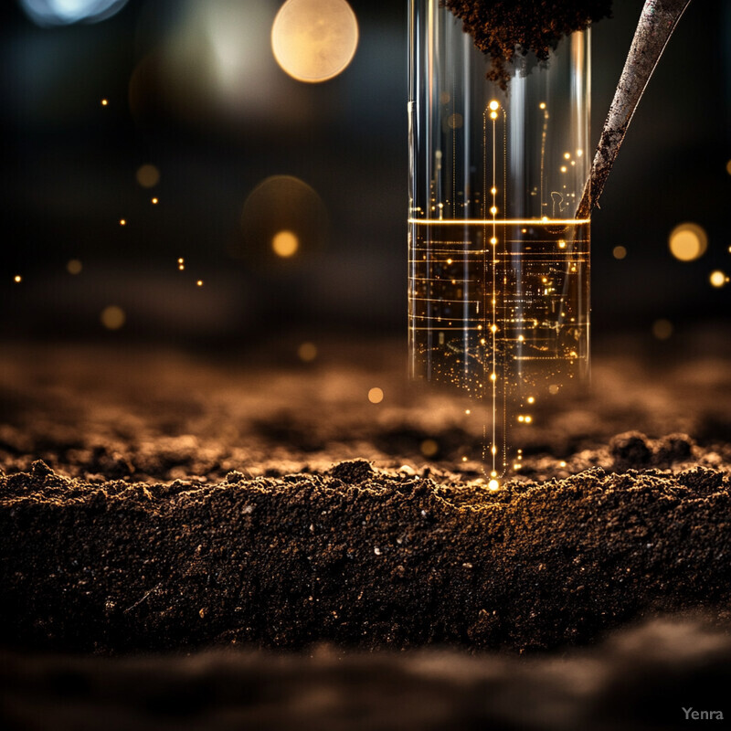 Close-up view of soil being analyzed using a device with glowing gold lines and dots.