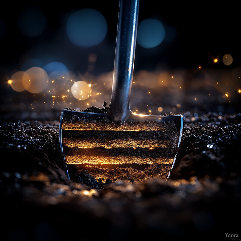 A shovel in soil with visible layers of dirt and debris.