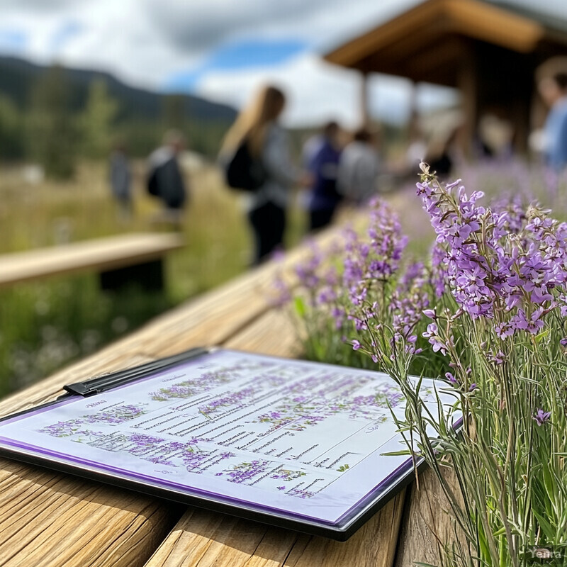 A clipboard with a lavender-themed menu on a wooden table in a field of wildflowers, possibly at an event or gathering.