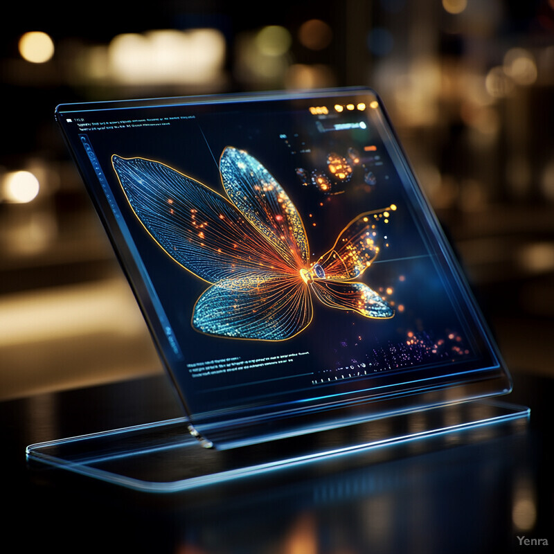 A futuristic-looking screen displays a detailed digital representation of a butterfly's wings.