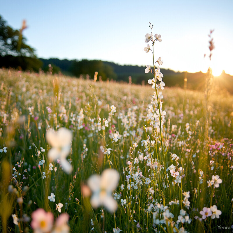 A field of wildflowers swaying in the breeze at sunset or sunrise.