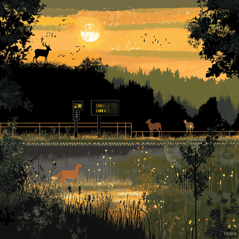 A peaceful sunset scene with deer roaming in the background.