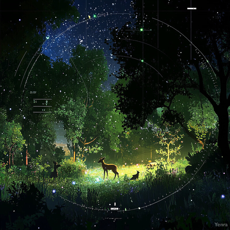 A group of deer stand in a forest clearing under a starry sky.