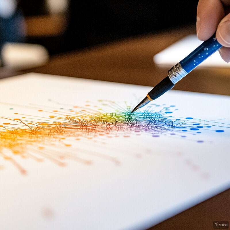 A person's hand holds a fountain pen over a piece of paper with colorful ink splatters.