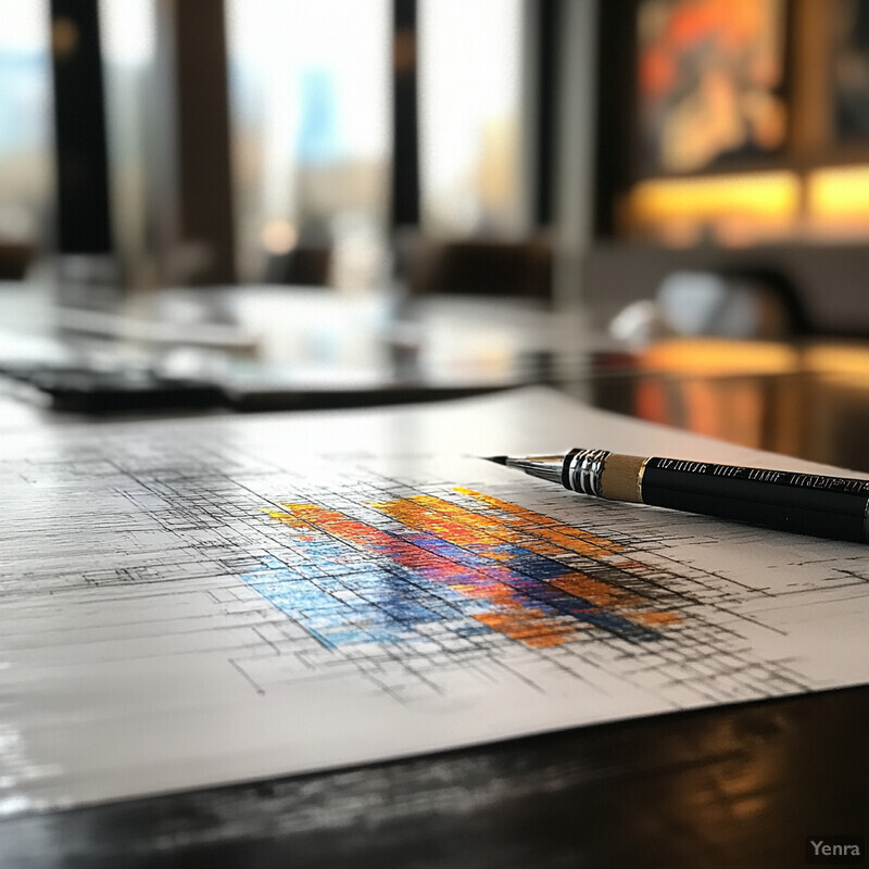 A colorful pencil sits on top of a piece of paper covered in geometric shapes and lines, set against an out-of-focus background suggesting an office or studio. The overall atmosphere is one of creativity and productivity.