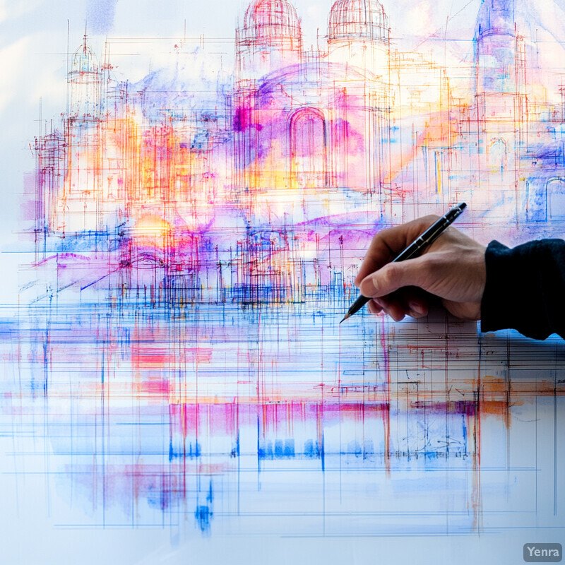 A person is sketching a cityscape on paper using colored pencils or markers.