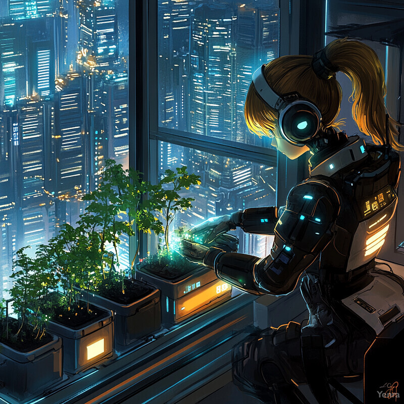 A woman in a black and white spacesuit stands in front of a cityscape at night, exuding an air of contemplation.