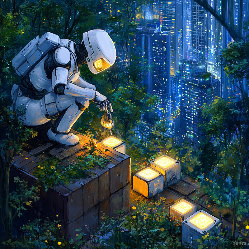 A humanoid robot is refining items in an outdoor environment.