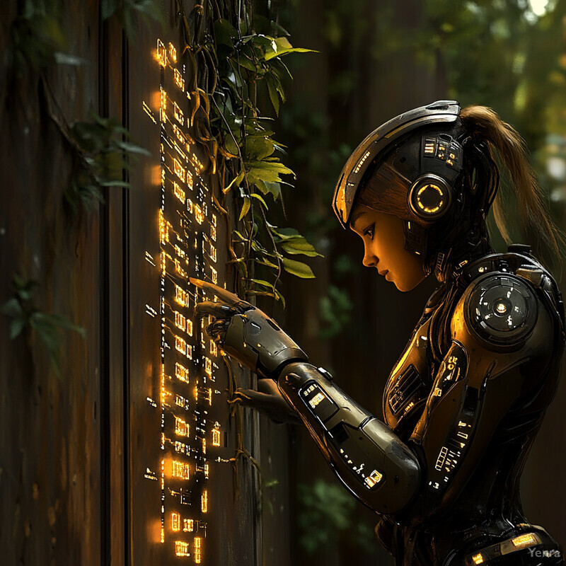 A woman in a futuristic suit interacts with a large screen in a forested setting.