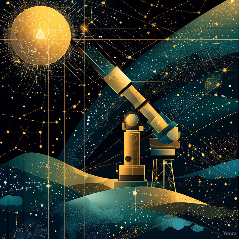 Astronomy-themed image featuring a telescope and sun symbol against a starry night sky.