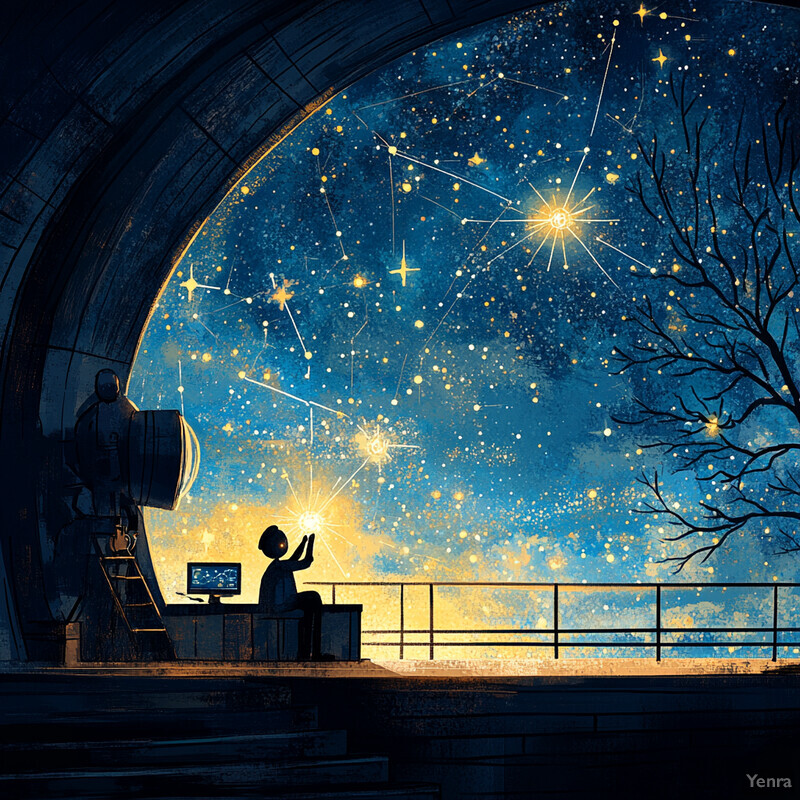 An illustration of two individuals in a circular room with a telescope and computer, surrounded by a starry night sky.