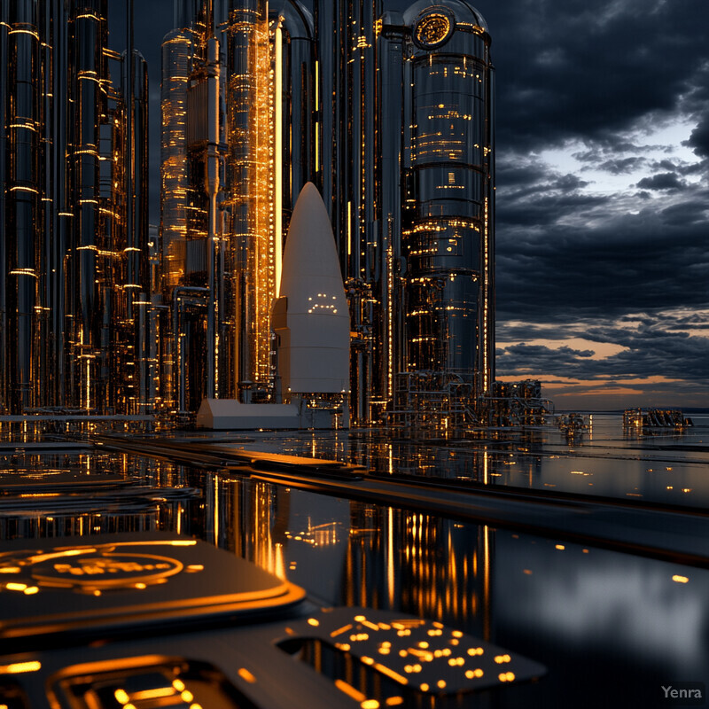 A futuristic cityscape with sleek skyscrapers and metallic architecture.