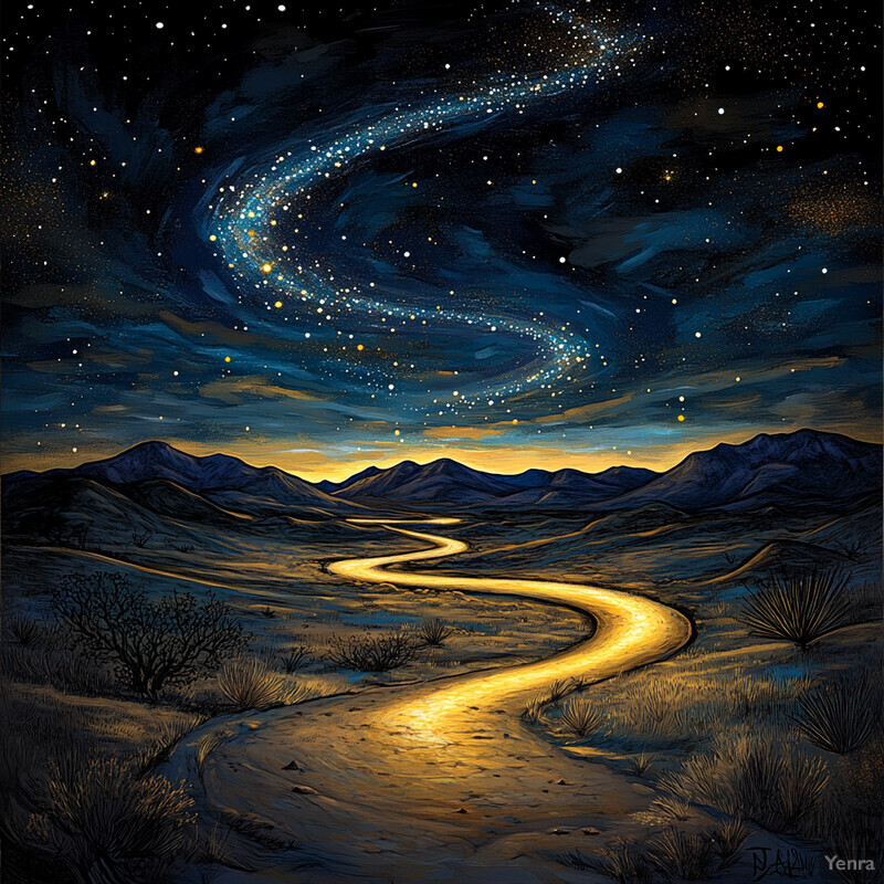 A serene desert landscape under a star-filled sky.