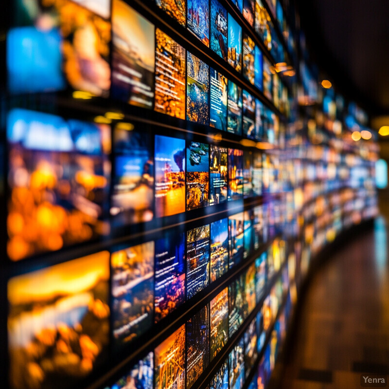 A wall of screens displaying various images in a media room.