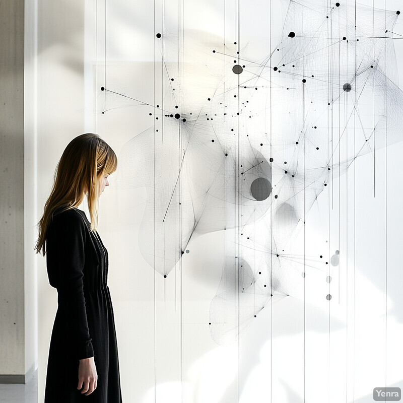 A woman stands in front of an abstract art piece, gazing at it with a contemplative expression.