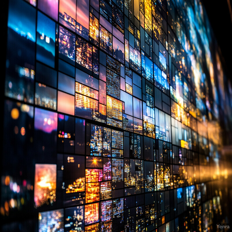 A large wall covered in numerous small screens displaying various images and videos.