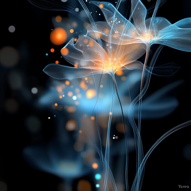 A digital illustration of three flowers with glowing blue petals and orange centers.