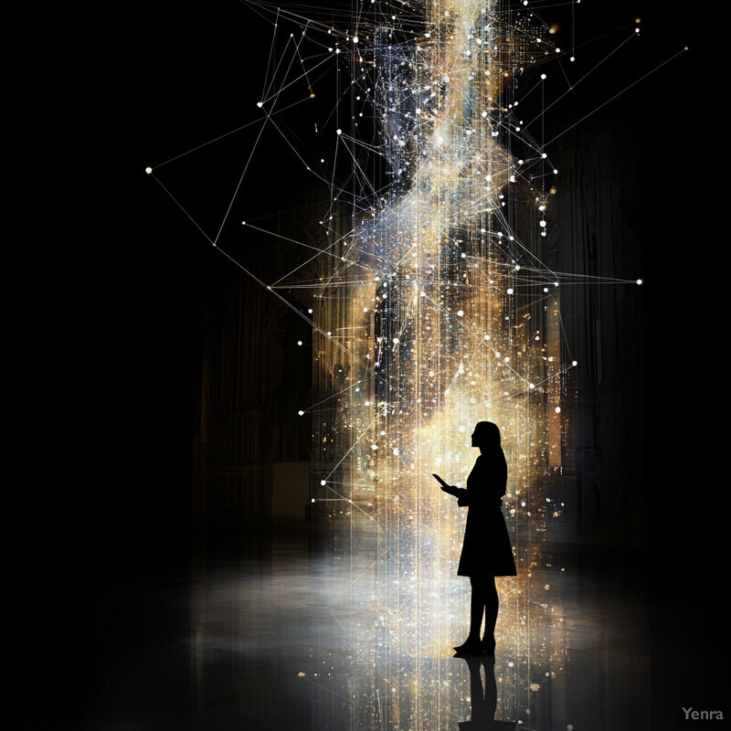 A woman stands confidently in front of an abstract structure that resembles a portal to another dimension.