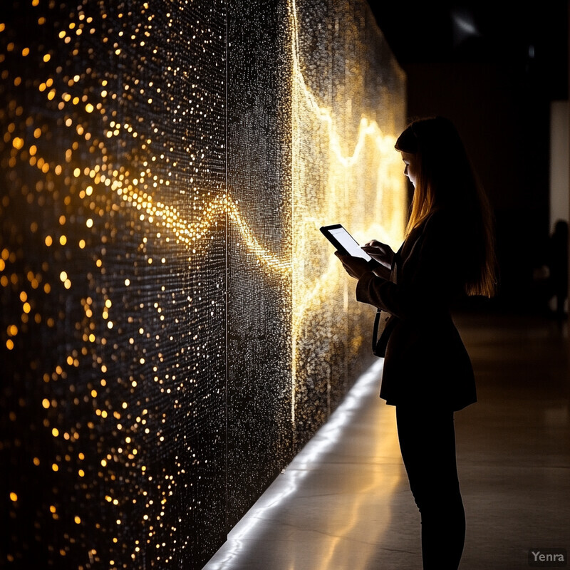 A woman stands before a wall adorned with an intricate pattern of gold dots, holding a tablet and contemplating the artwork.